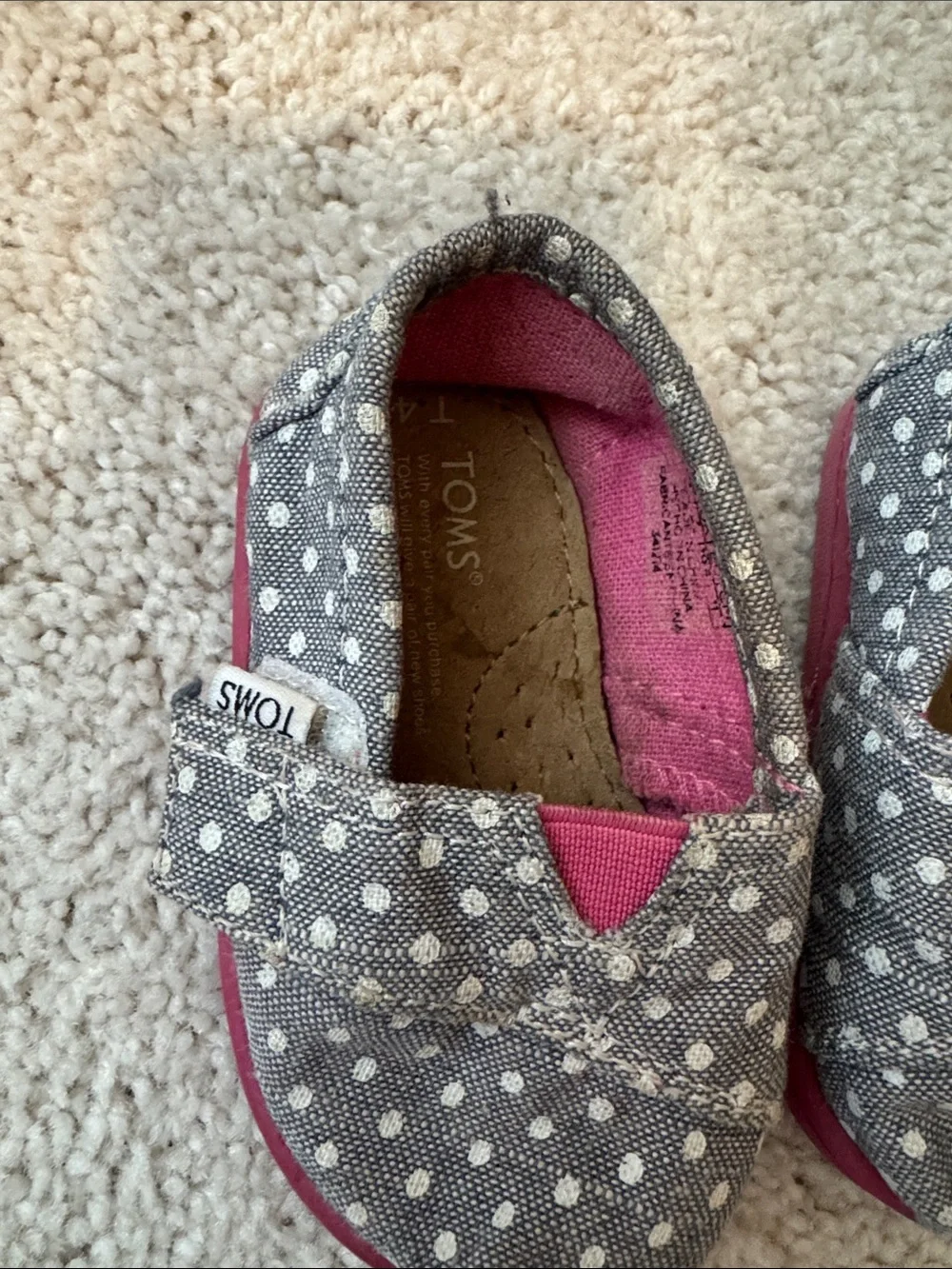 Toms Kids Gray Polka Dot Slip-Ons with Pink Accents